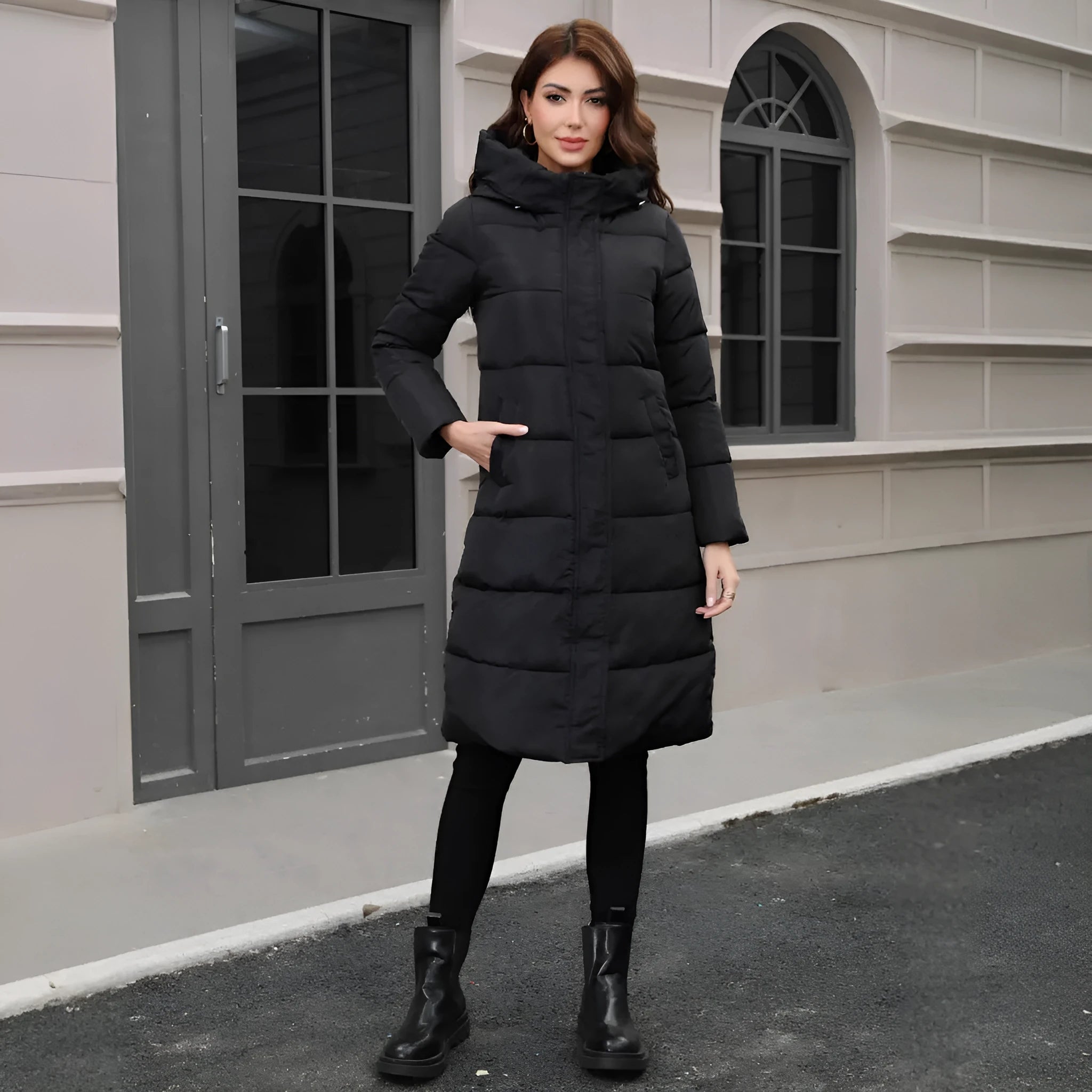 Men's black slim fit hooded winter jacket with long sleeves and thickened cotton construction