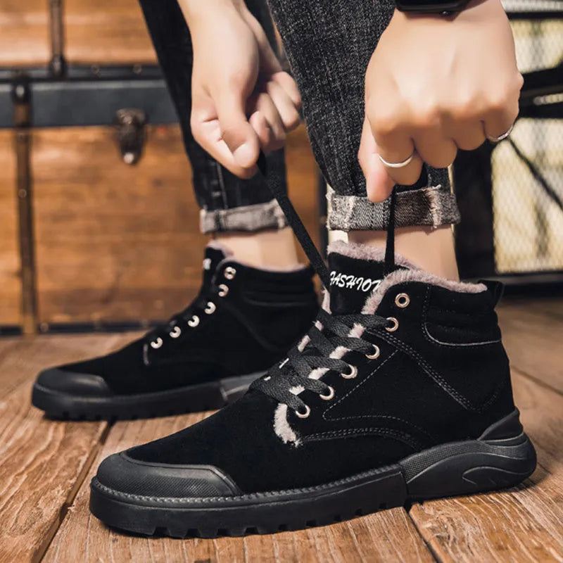 Men's winter warm plush ankle boots with suede upper, rubber sole, round toe, and front tie closure, available in multiple colours