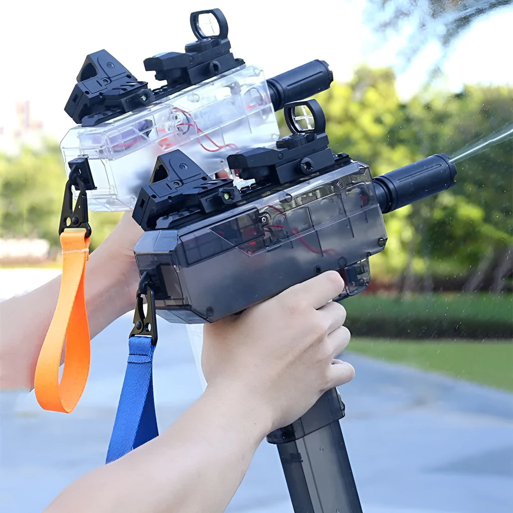 Uzi style electric water gun toy in transparent blue plastic with attached tactical sight and long barrel.