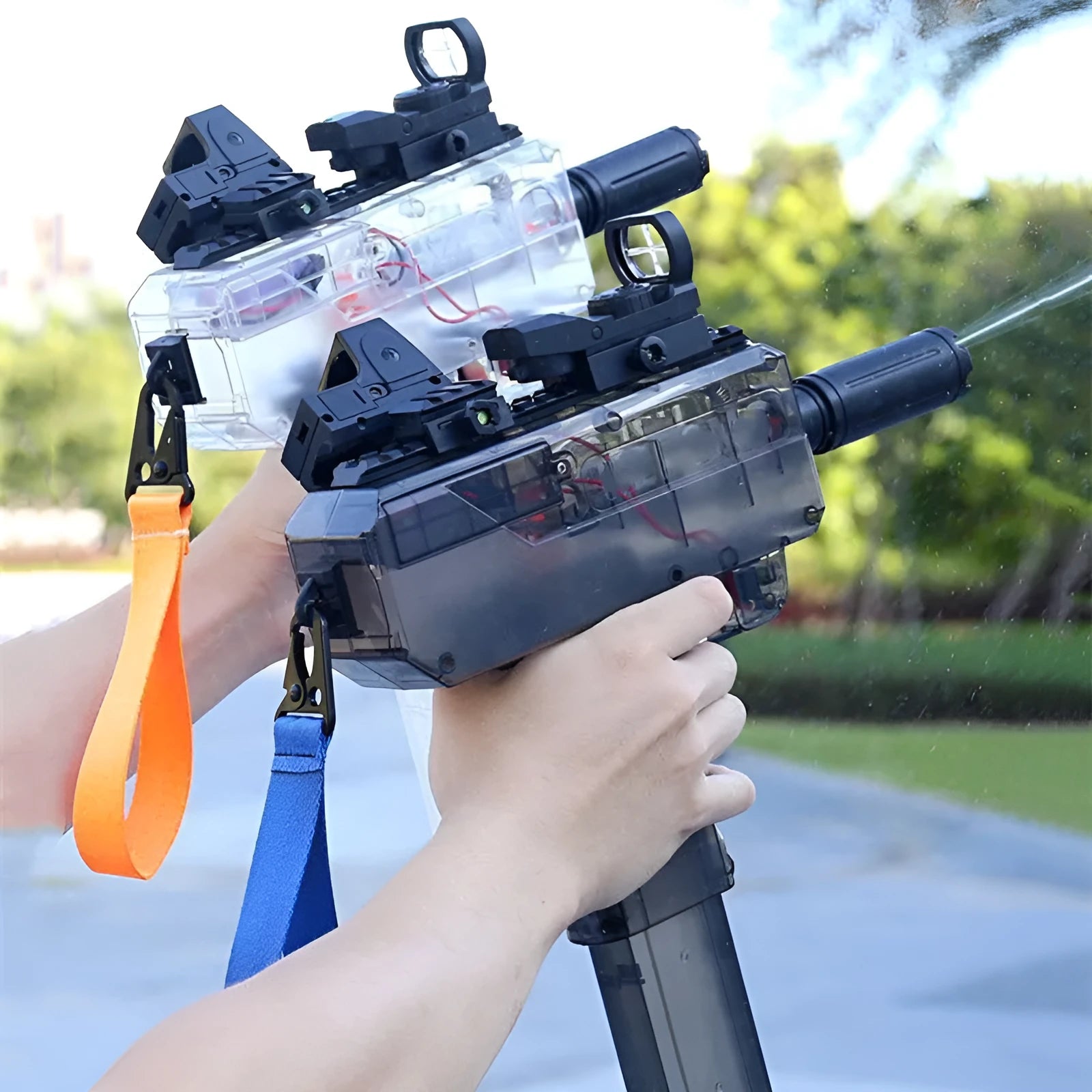 Uzi style electric water gun toy in transparent blue plastic with attached tactical sight and long barrel.