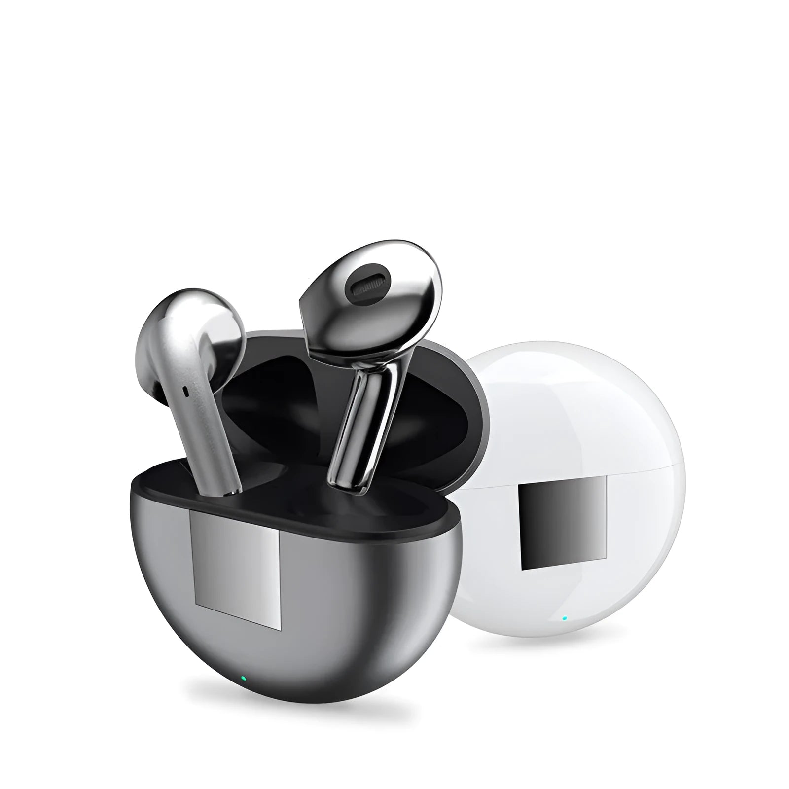 White Budz5 semi-in-ear wireless Bluetooth earbuds next to their black charging case.
