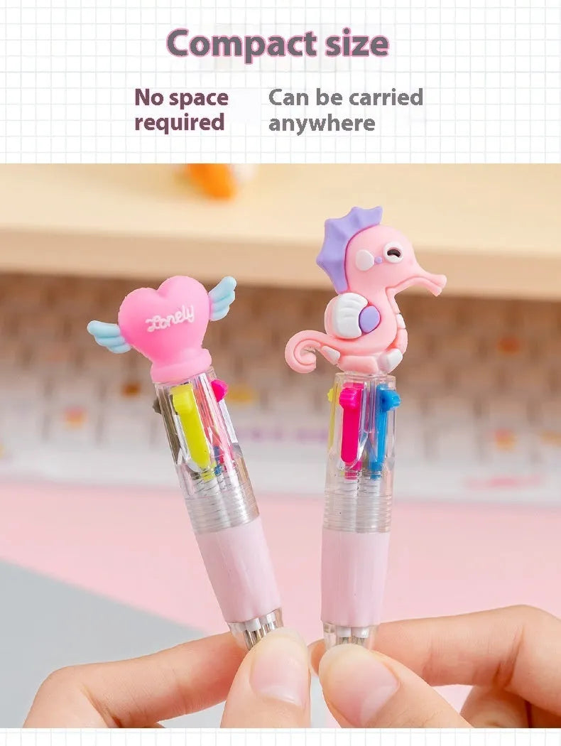 Cartoon themed 4-colour press ballpoint pen with plastic and silicone construction