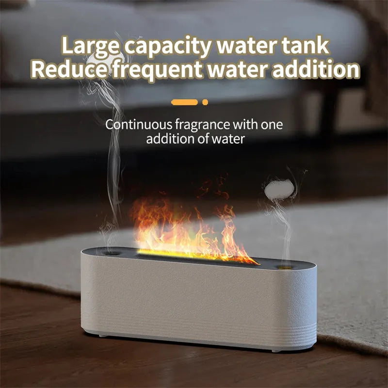 Black or white flame air humidifier with aroma diffuser and 7 colour LED lighting on table