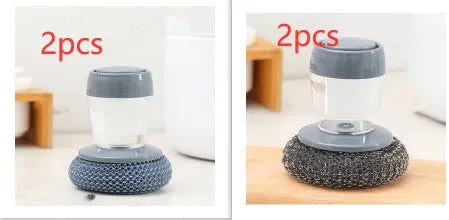 Kitchen palm brush with integrated push-type soap dispenser and bristles for scrubbing.