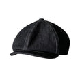 Black cotton beret with Japanese denim fabric texture shown in adult unisex sizing