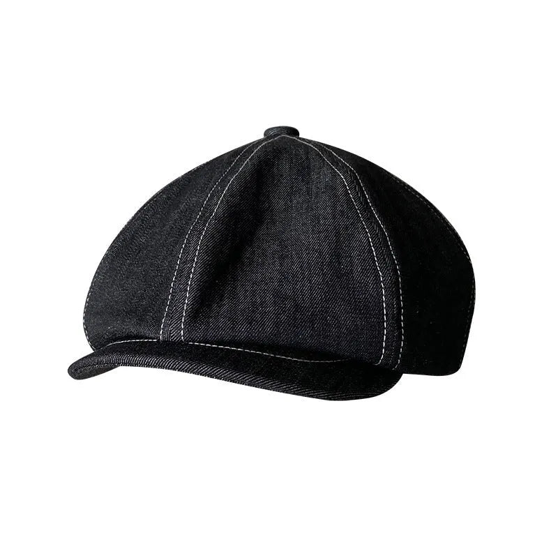 Black cotton beret with Japanese denim fabric texture shown in adult unisex sizing