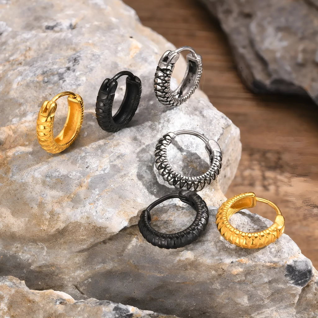 Stainless steel snake pattern earrings for men in black and gold finishes