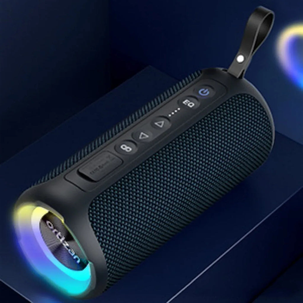 Black and blue fabric portable Bluetooth speaker with LED lights, 40W power.