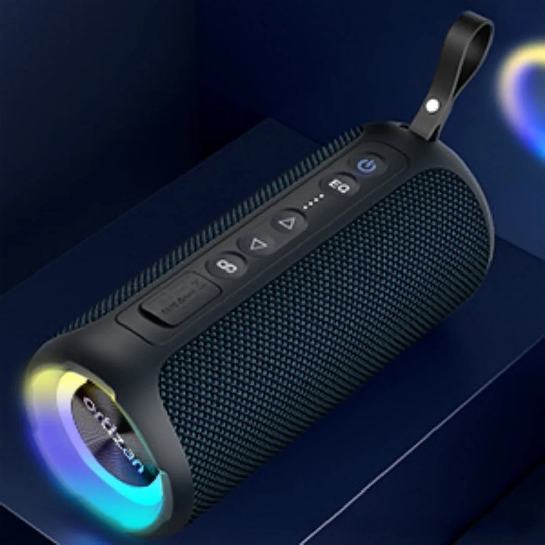 Black and blue fabric portable Bluetooth speaker with LED lights, 40W power.