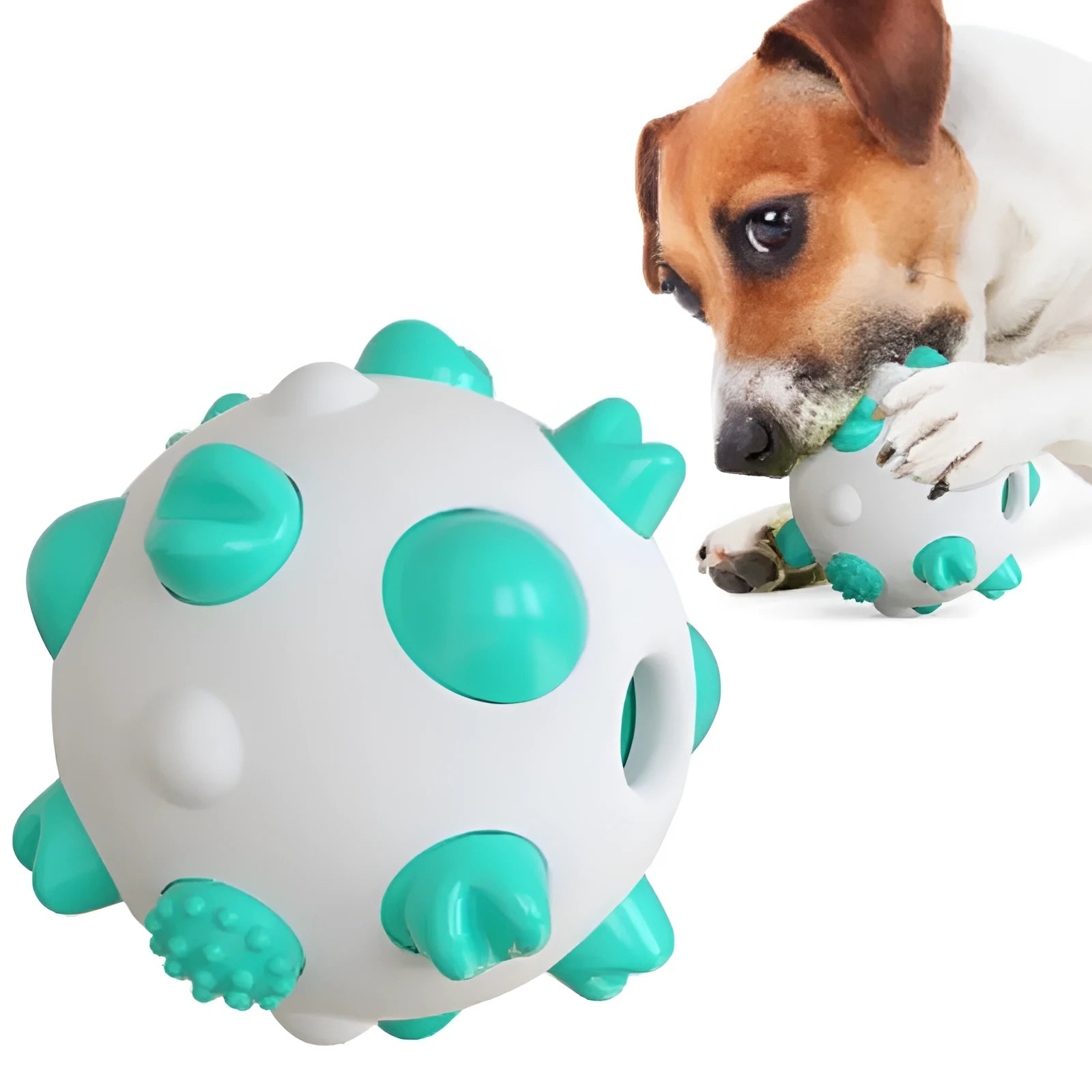 Blue green and yellow spherical dog chew toy with textured bumps and a hollow centre.