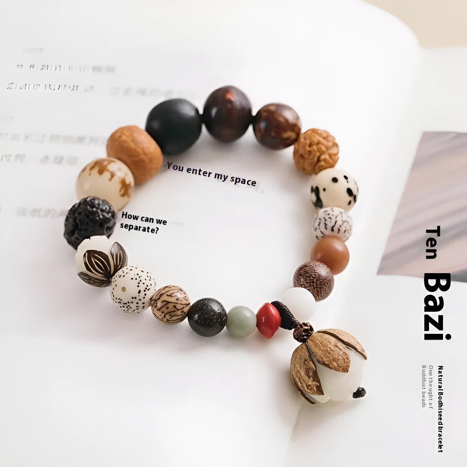 Handmade brown bodhi seed beads bracelet with 18 beads, shown on a wrist.