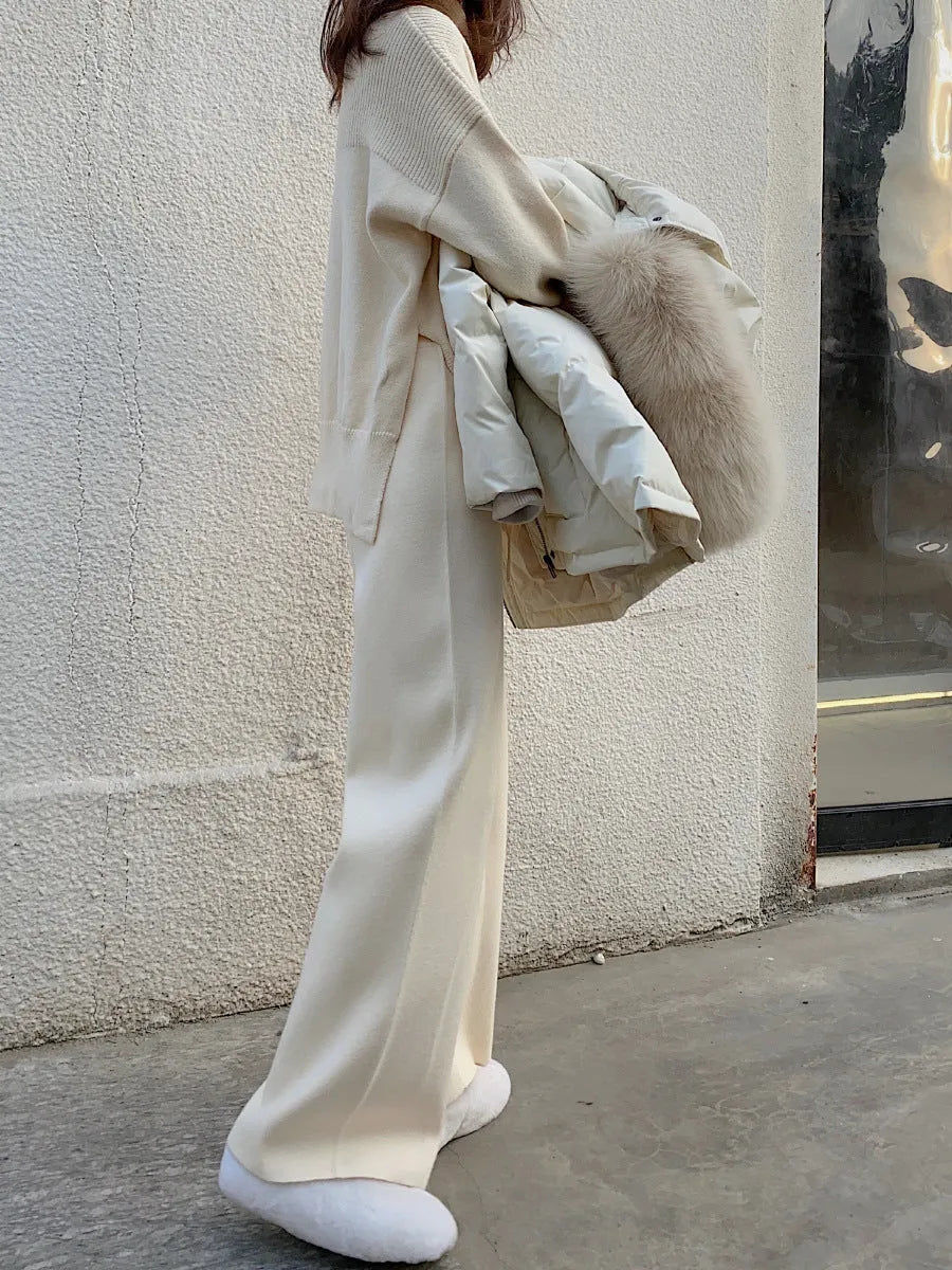 Women's knitted wide-leg high waist trousers in straight-leg style for autumn winter casual wear