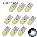Pack of ten T10 wedge base LED bulbs for 12V car lighting in various colours on a white background.