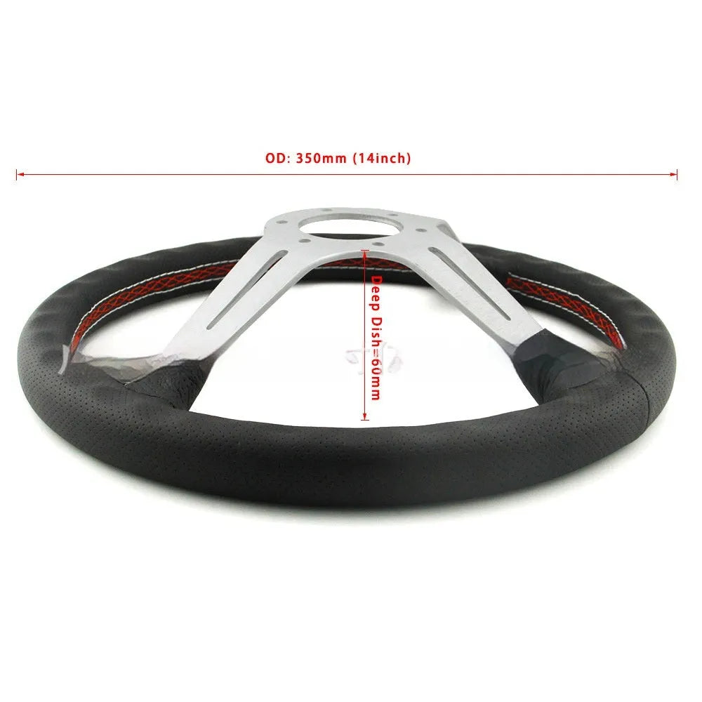 14-inch leather steering wheel with concave centre, shown with black and silver skeleton options