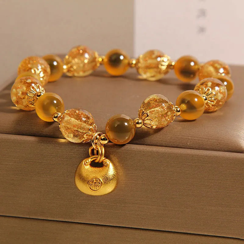 Natural yellow sugar heart agate crystal bracelet with luminous coloured glass beads for women