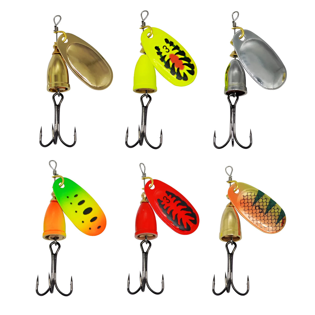 R composite metal fishing lure with a rotating sequin and copper bell in various metallic colours.