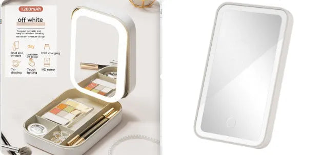 Makeup storage box with LED light mirror showing cherry blossom pink colour and storage compartment