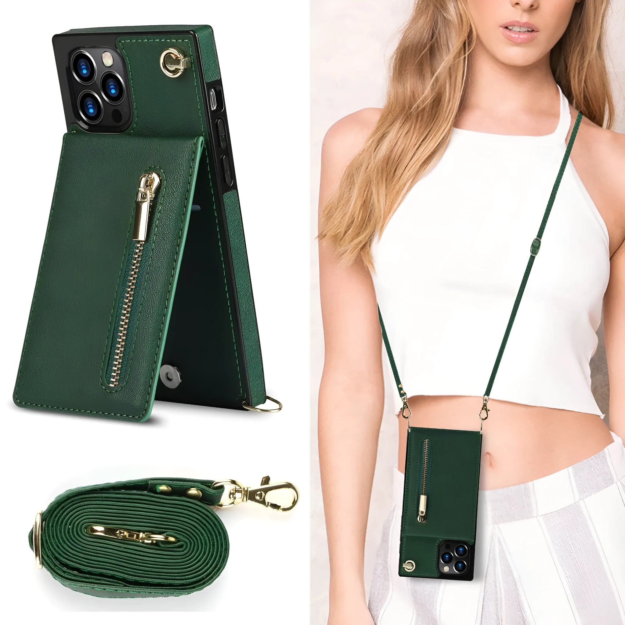 A simple black mobile phone case made from TPU and leather, shown next to purple and rose gold colour options.
