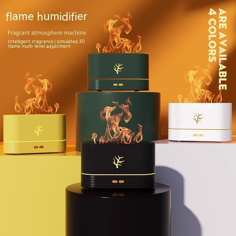 Square black or white USB flame humidifier with LED fire simulation and aromatherapy function