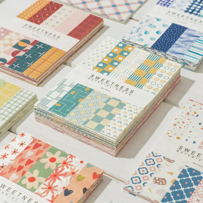 Retro dessert-themed note paper set showing ten colours including red plum cheese and caramel puff, 50 pieces measuring 56mm by 83mm