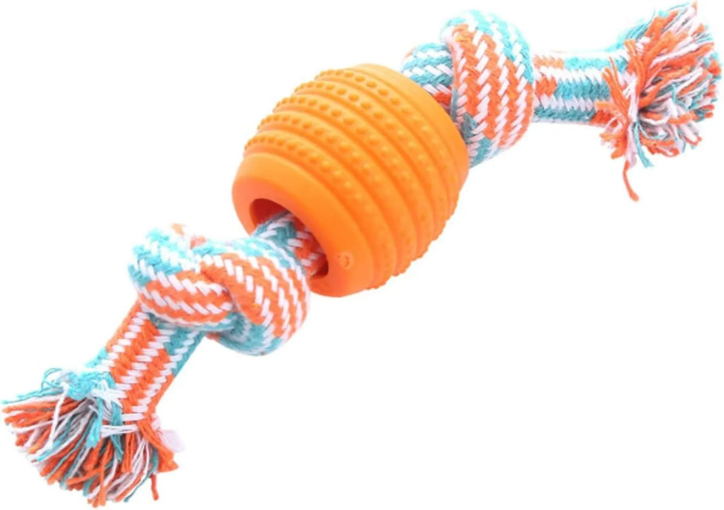 Set of colourful blue, green, orange, pink, and red dog chew toys with rope textures for dental health.