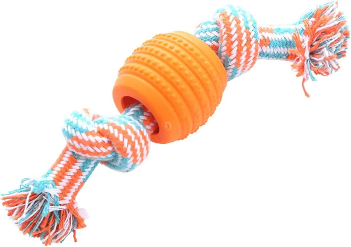Set of colourful blue, green, orange, pink, and red dog chew toys with rope textures for dental health.