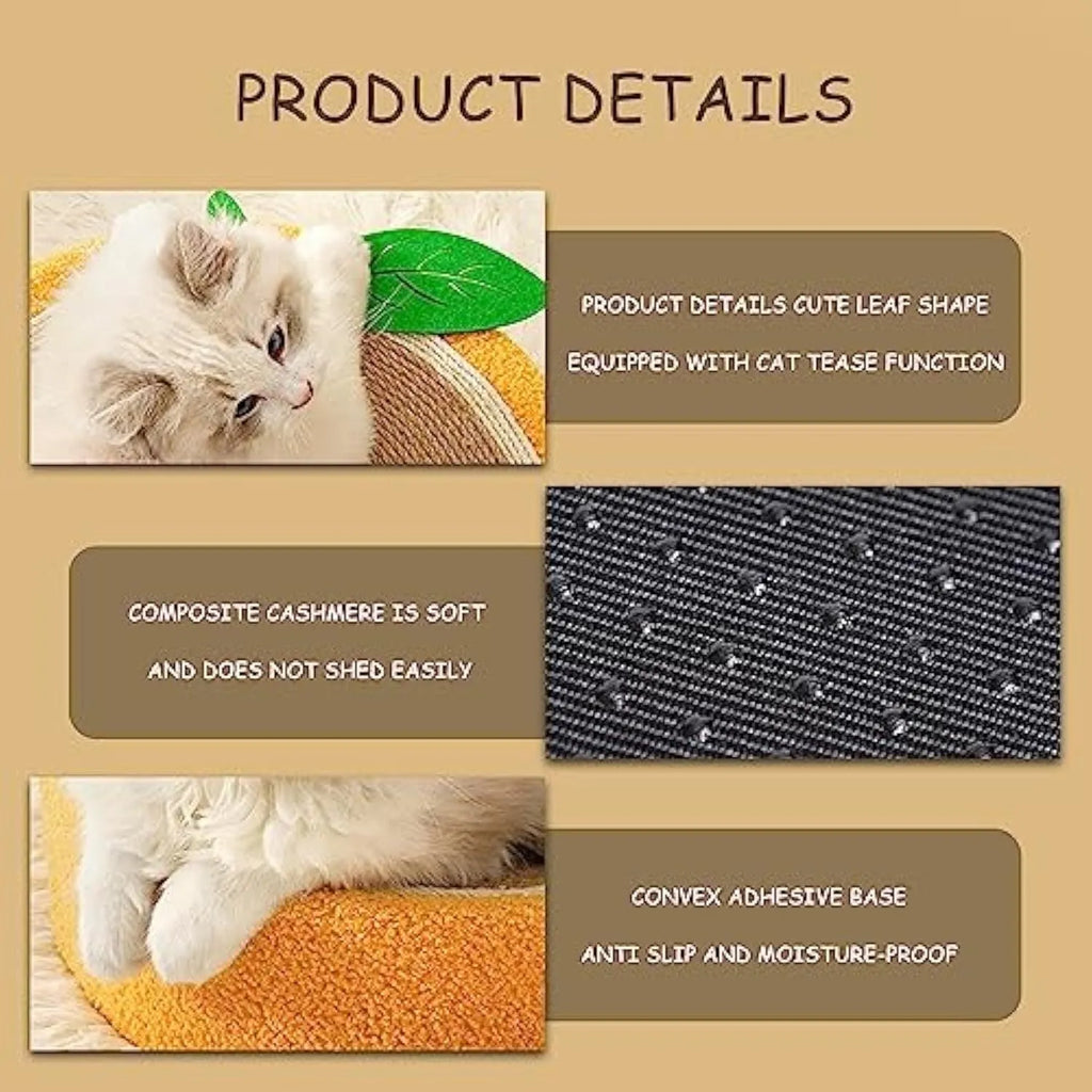 Round yellow fruit design sisal cat scratching board doubling as a cat bed.