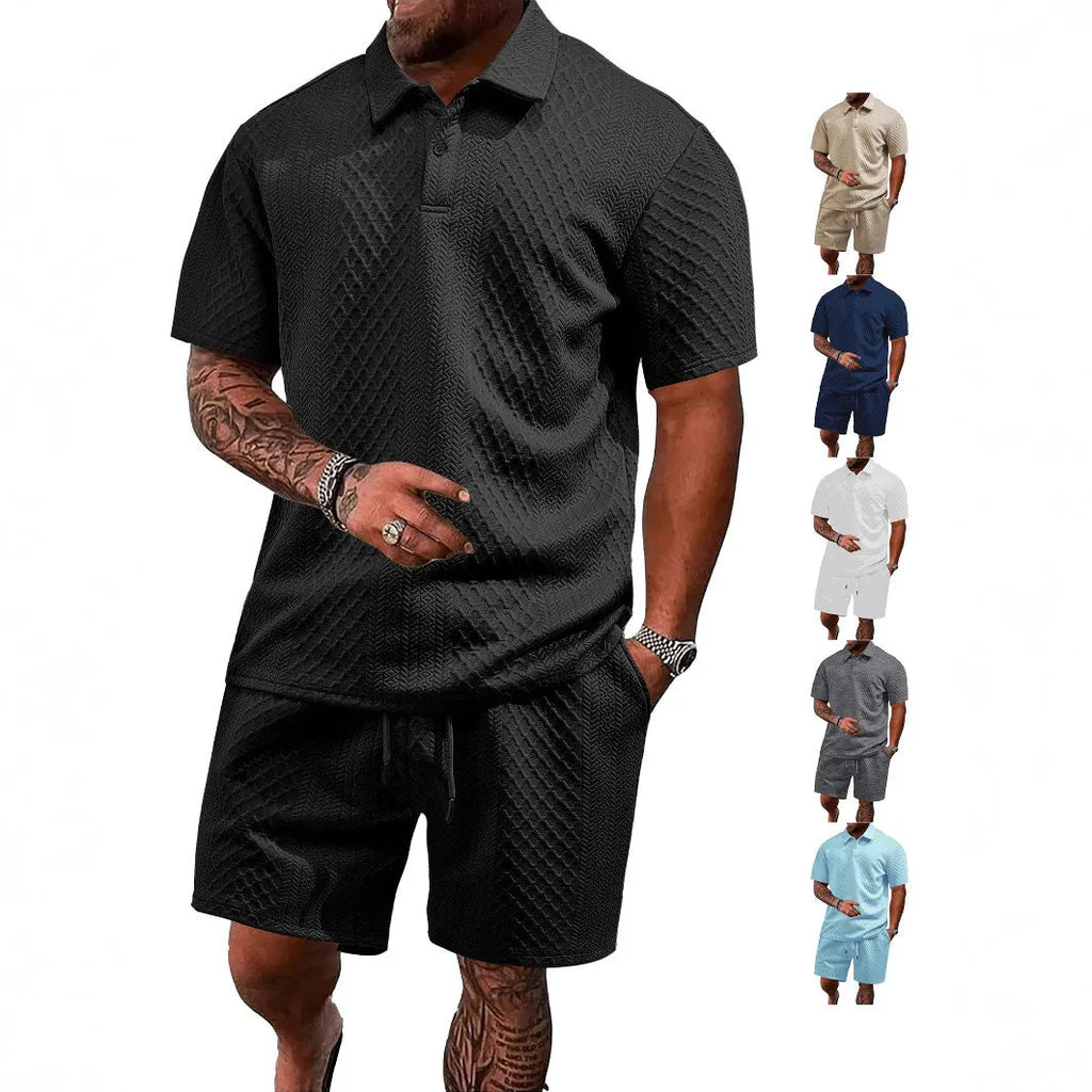Men's casual suit set with short sleeve polo shirt and matching trousers in figured cloth polyester