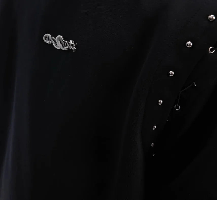 Women's black short sleeve t-shirt with white lace-up cutout detail on front.