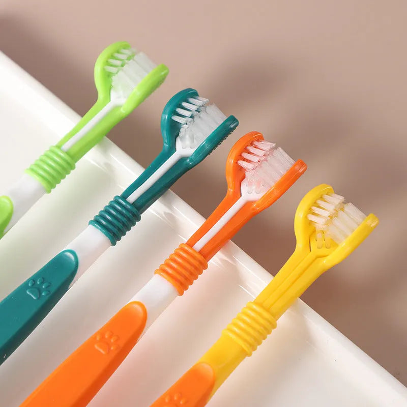 Pet toothbrush in orange, green, yellow, blue pink, black yellow or dark green colours with plastic handle and nylon bristles