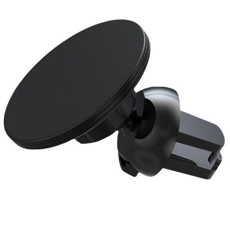 Black aluminium magnetic car air vent phone holder mounted on vehicle dashboard