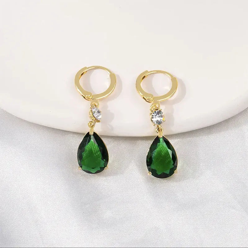 Green geometric teardrop drop earrings with alloy metal construction