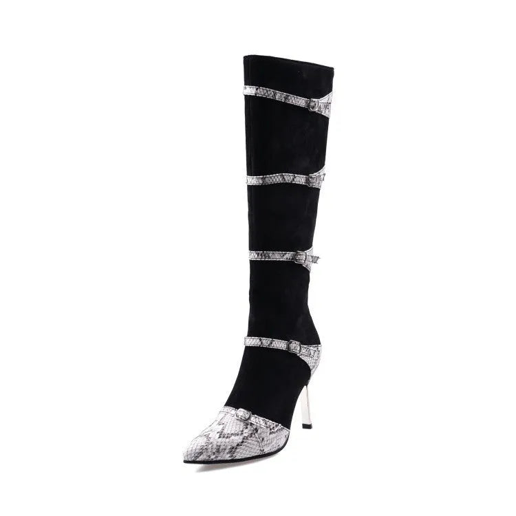 Grey and black women's knee high boots with a thin 9cm high heel on a rubber sole.
