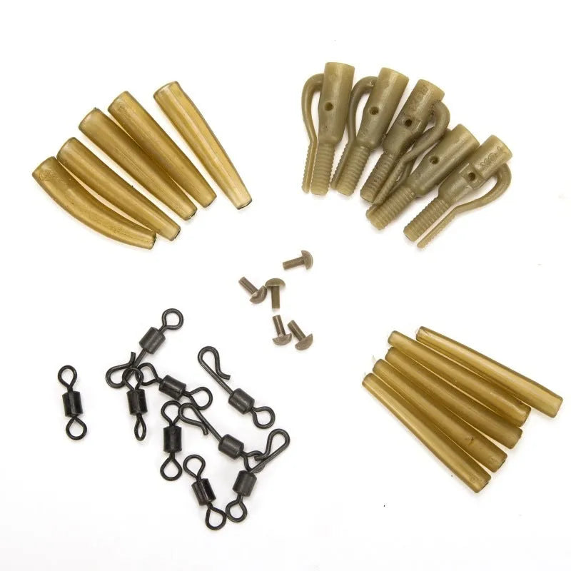 30 piece European carp fishing accessory set showing anti-winding pipes, threaded hoses, rotations, and screws