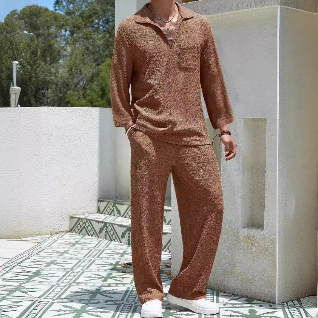 Men's casual polyester shirt and trousers set in lake blue colour