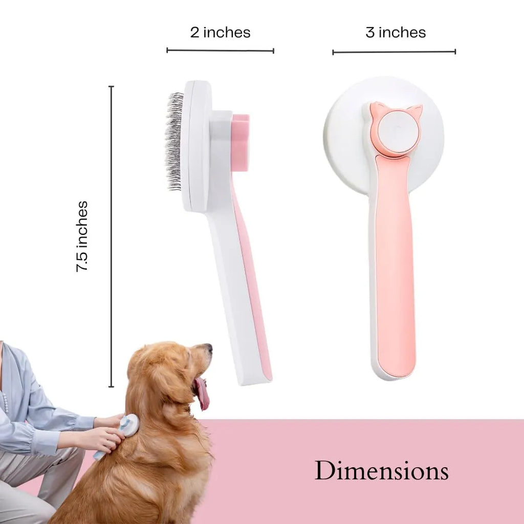 Self-cleaning pet grooming brush with stainless steel tips and blue rubber handle