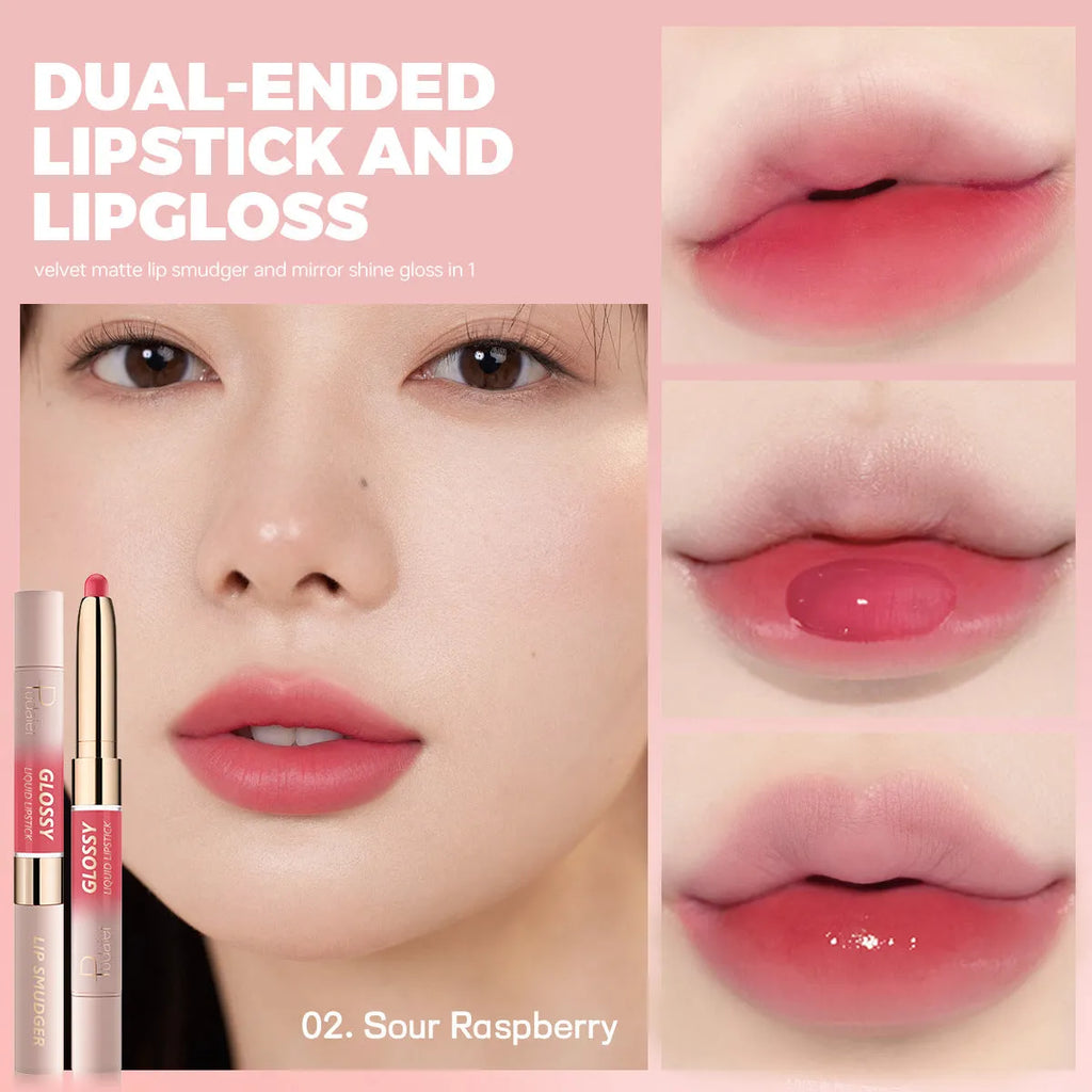 Double-headed matte lipstick with 10 colour options showing dual-ended design