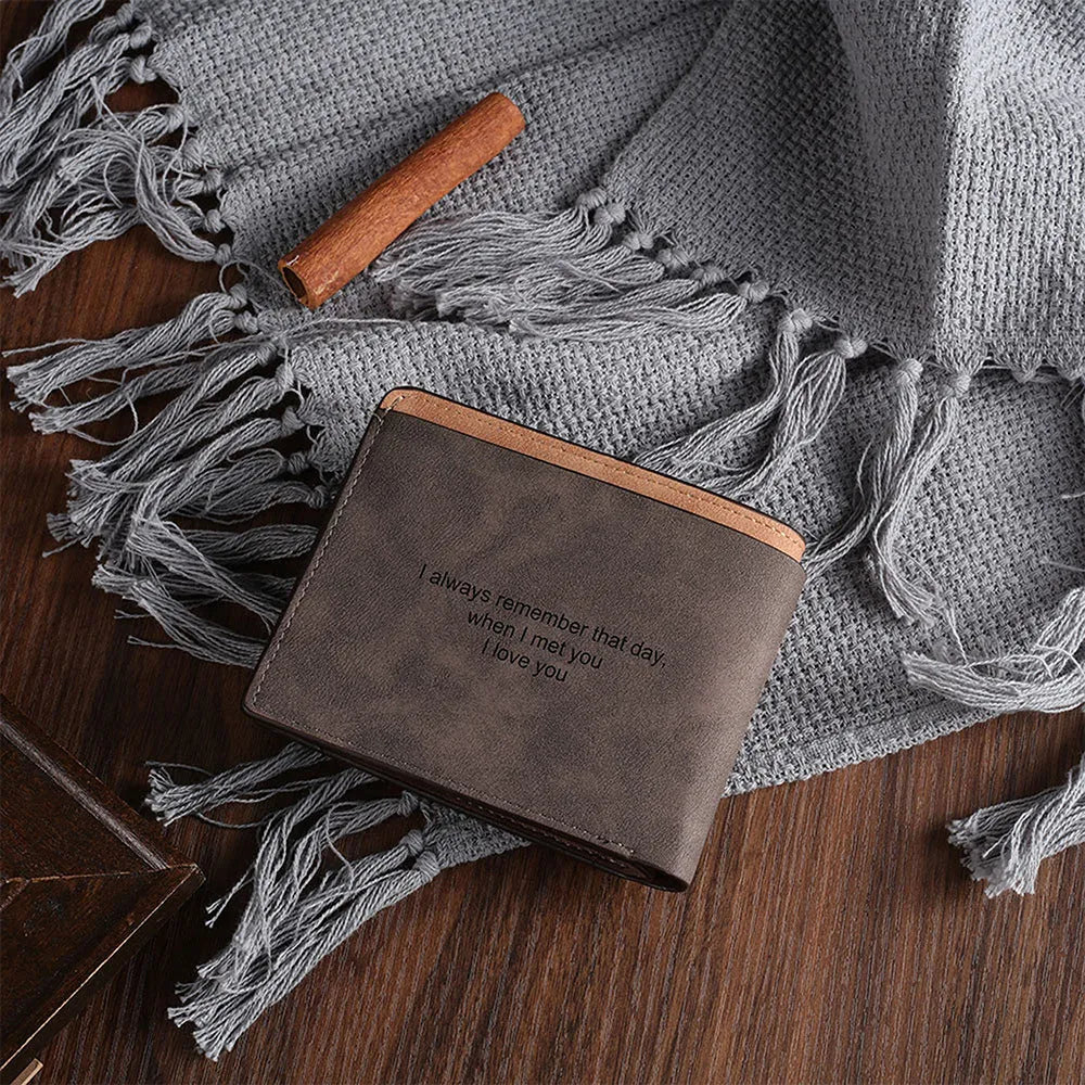 Coffee brown engraved horizontal short wallet with custom photo personalisation showing 120x99x25mm dimensions