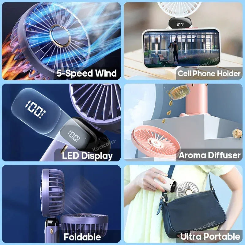 Mini portable handheld electric fan in blue with foldable design and LED battery display