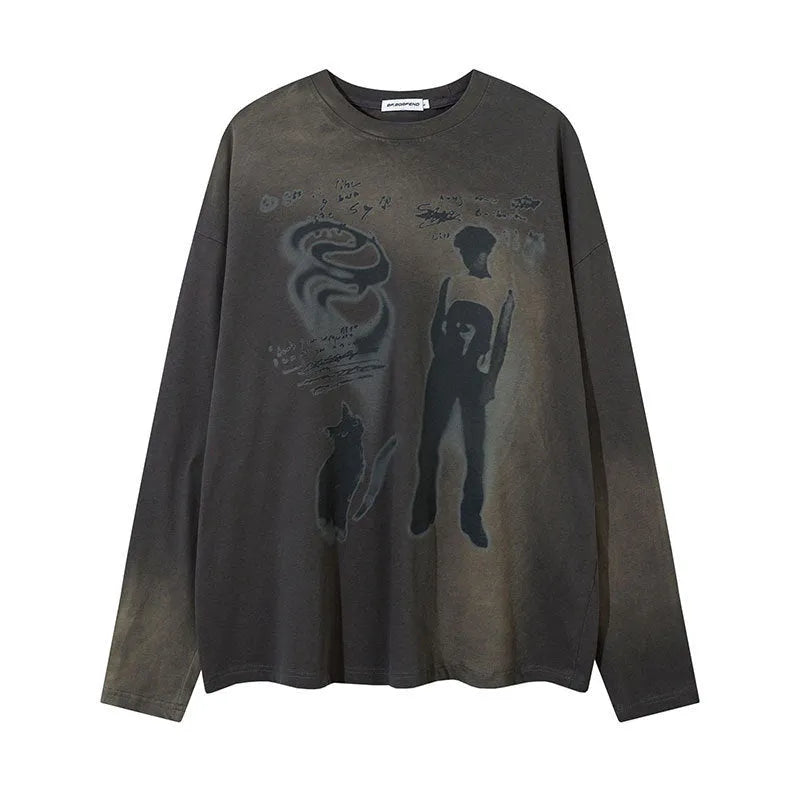 Women's loose dark grey cotton pullover top with letter pattern and drop shoulder sleeves