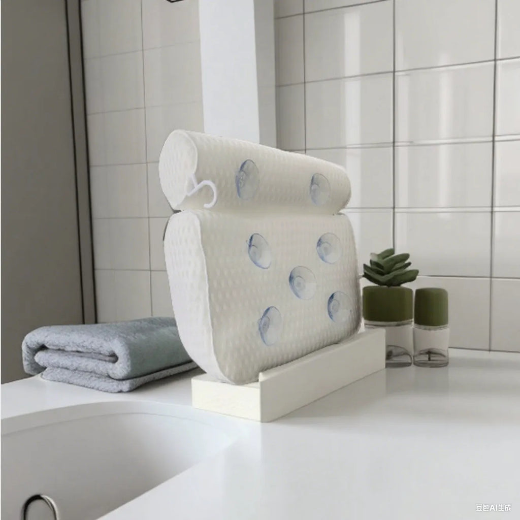 White 4D mesh bathtub pillow with 7 suction cups on a bathtub edge.
