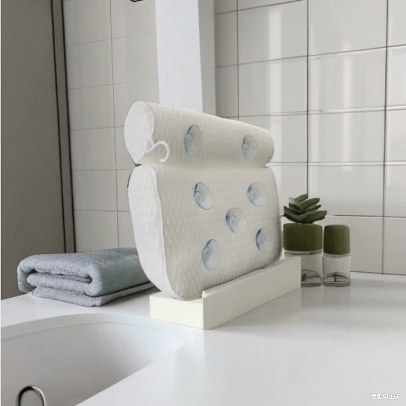 White 4D mesh bathtub pillow with 7 suction cups on a bathtub edge.