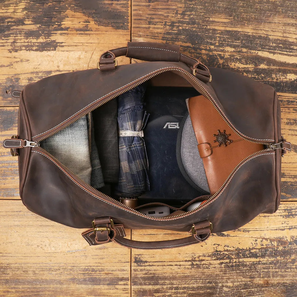Men's genuine first layer cowhide leather travel bag in retro solid colour, available in black or dark brown, 50cm or 55cm