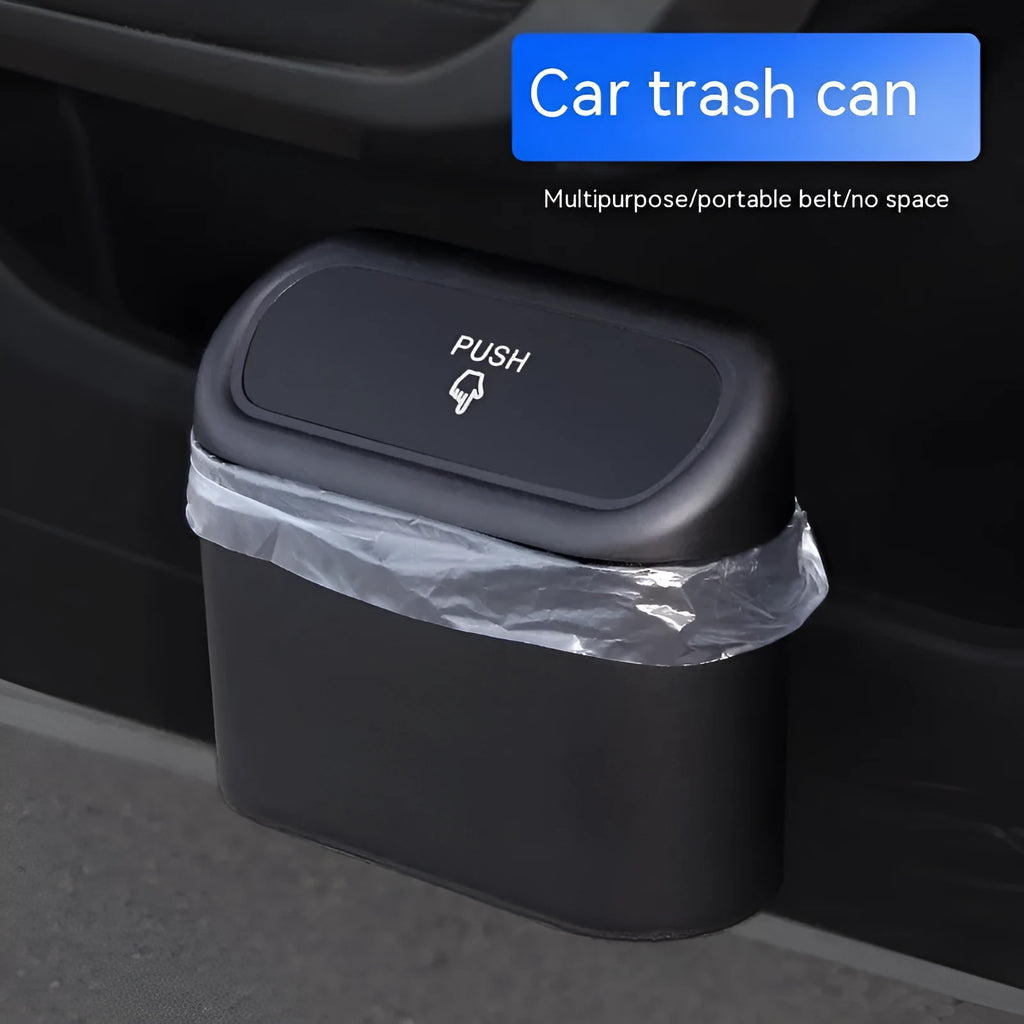 Black folding car trash can showing collapsed and expanded states for seat mounting