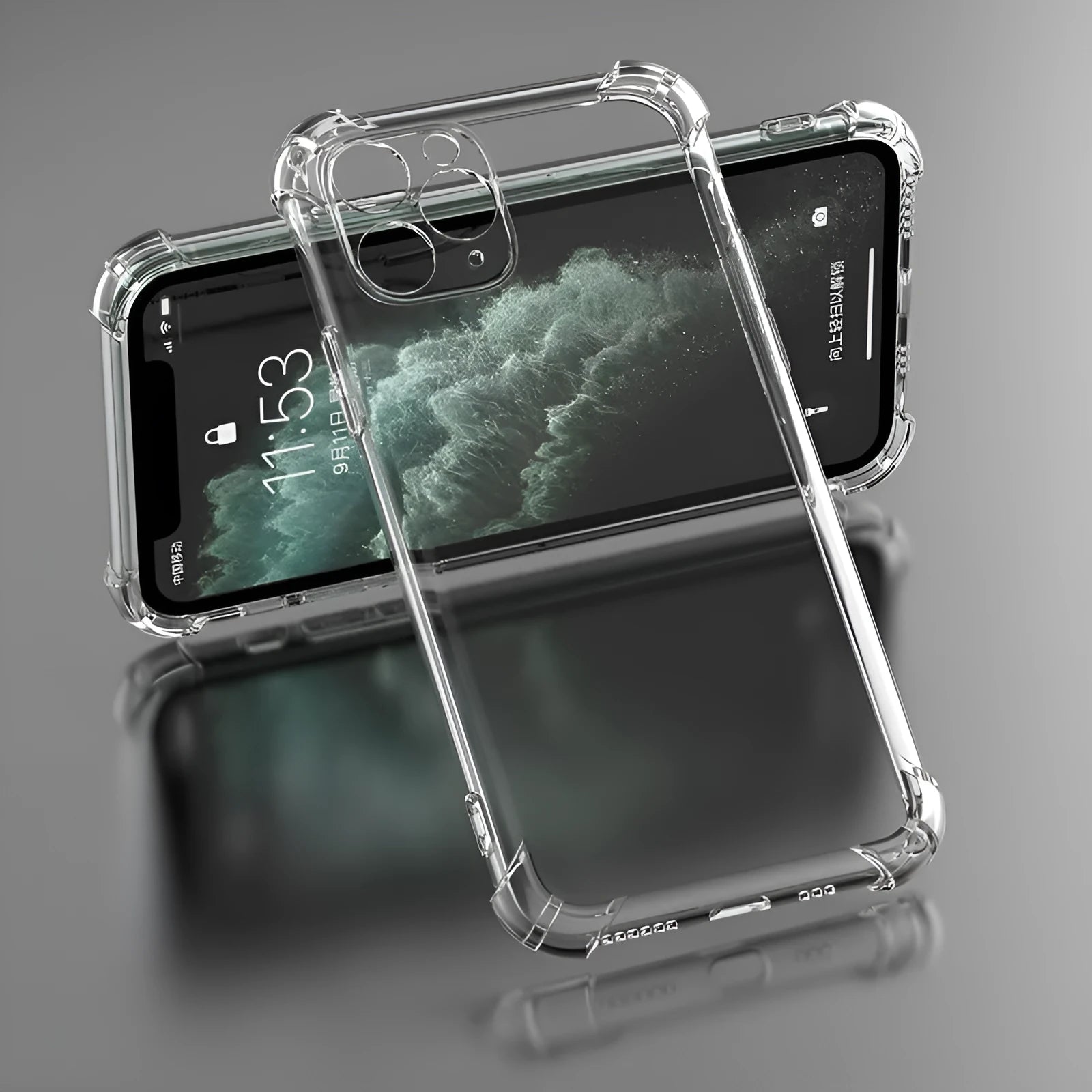 Clear transparent TPU shockproof phone case for various iPhone models on a table.