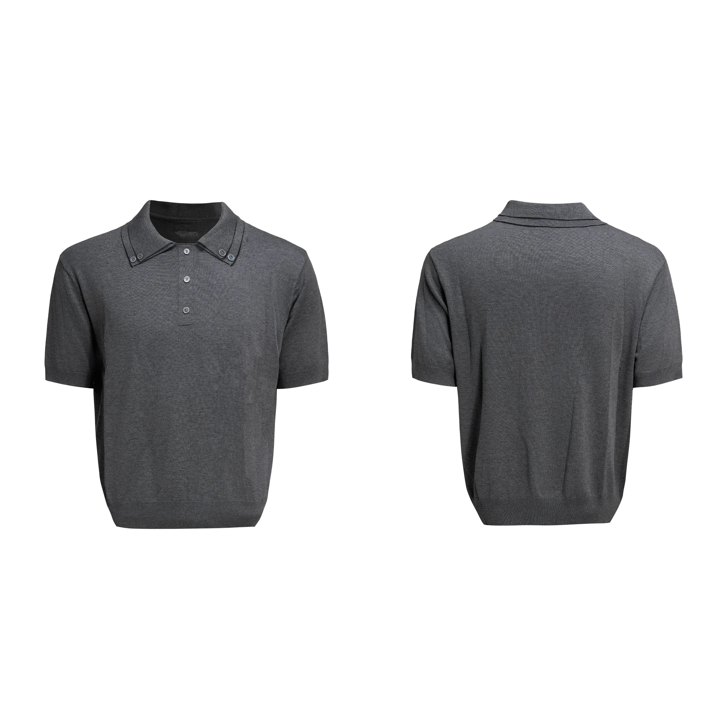 Men's loose fit short sleeve shirt with double collar lapel design in polyester knit fabric