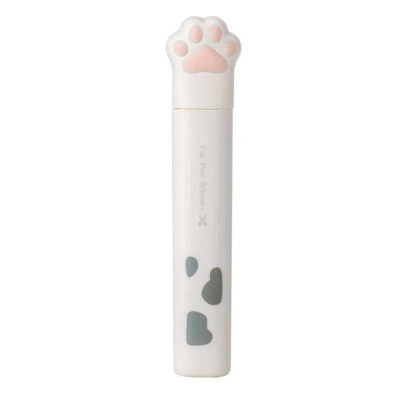 Cat paw mini folding scissors in pink, white, black and blue colours showing compact 8.7 cm size