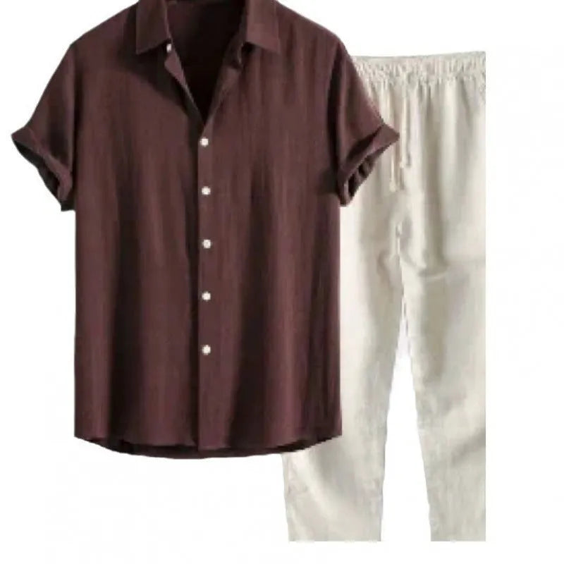 Men's loose fitting short sleeve shirt and casual trousers set in linen-look fabric.