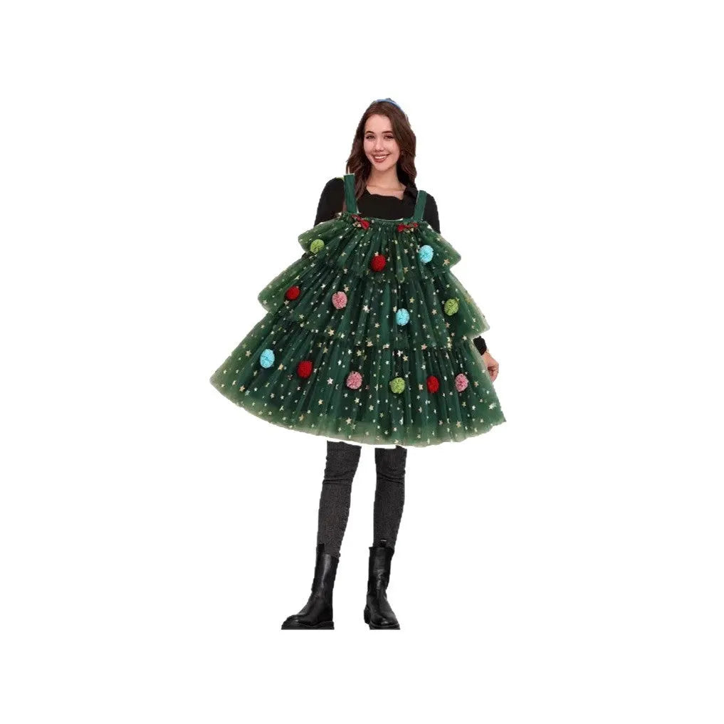Green tiered suspenders dress with Christmas tree pattern and colourful polka dot ball decoration.