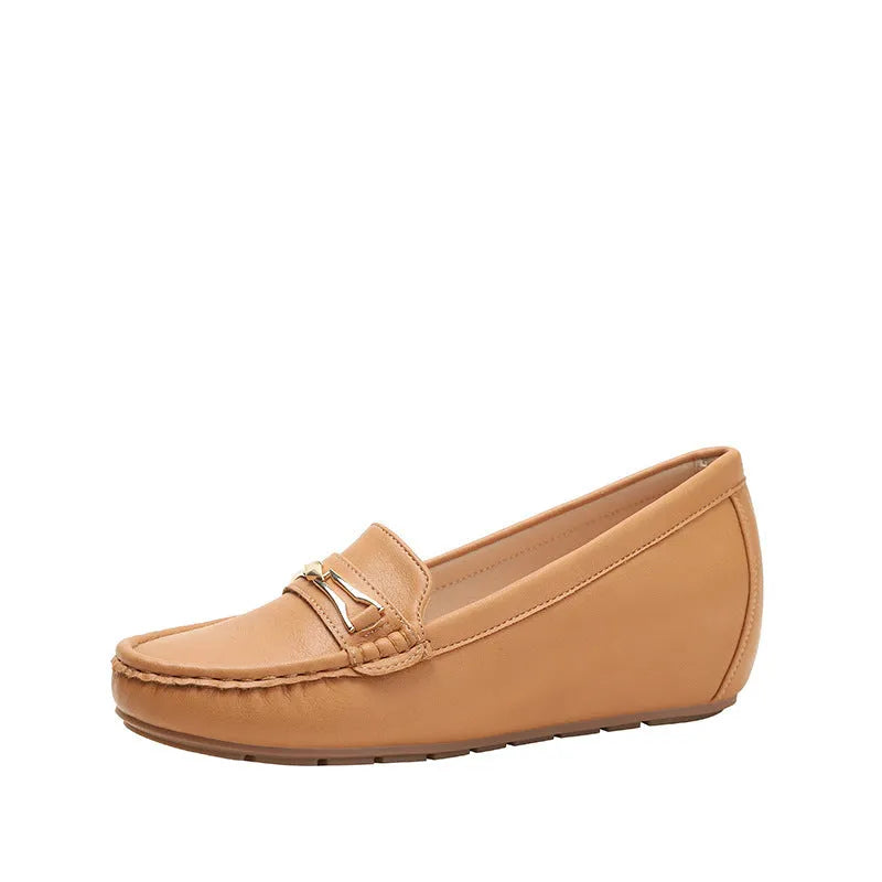 Men's black casual slip-on shoe with a built-in height increasing insole and a round toe design.